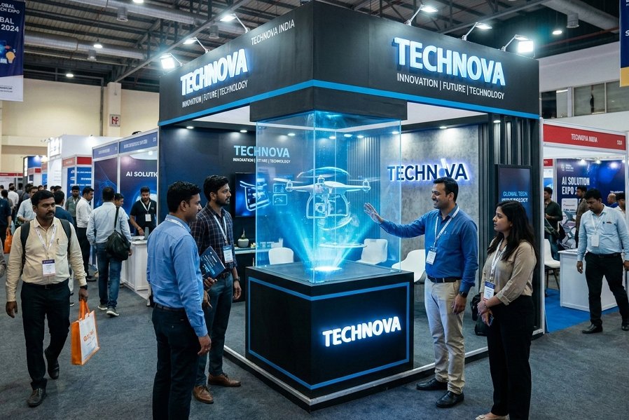 Hologram marketing display at a product launch event, showcasing a floating 3D product presentation on stage with audience engagement.