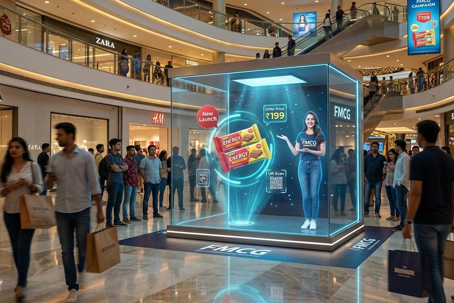Interactive hologram display user experience showing a person engaging with a floating 3D holographic visual in a modern event or retail environment.