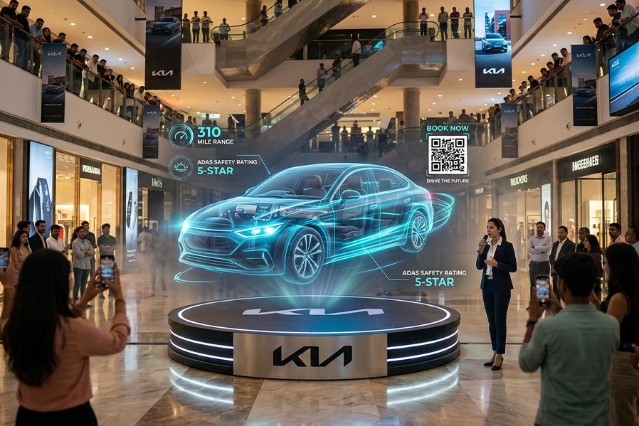 Immersive hologram experience setup featuring a floating 3D visual display in a retail or event environment, designed to engage and captivate audiences.